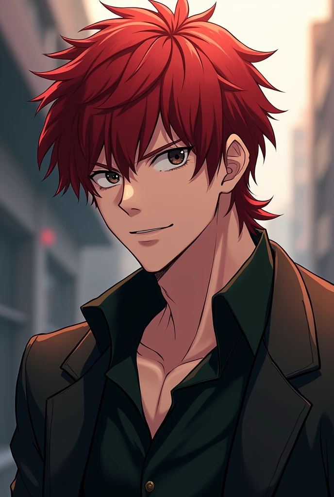 a high school boy, elegant, perfect body, Red hair, short hair, black eyes mullet, expressionless, black shirt, black jacket, cheered up, first person view, my hero academic art style, masterpiece, anatomically correct, High details, High resolution, Best Quality, Super detail, 1080P, NSFW