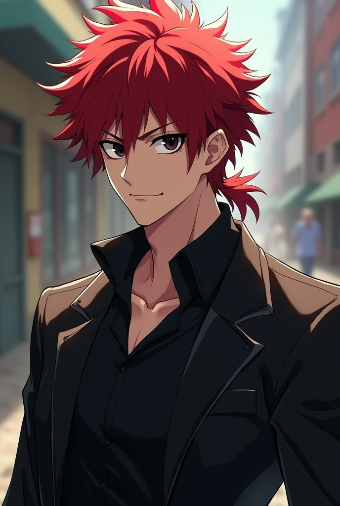 a high school boy, elegant, perfect body, Red hair, short hair, black eyes mullet, expressionless, black shirt, black jacket, cheered up, first person view, my hero academic art style, masterpiece, anatomically correct, High details, High resolution, Best Quality, Super detail, 1080P, NSFW
