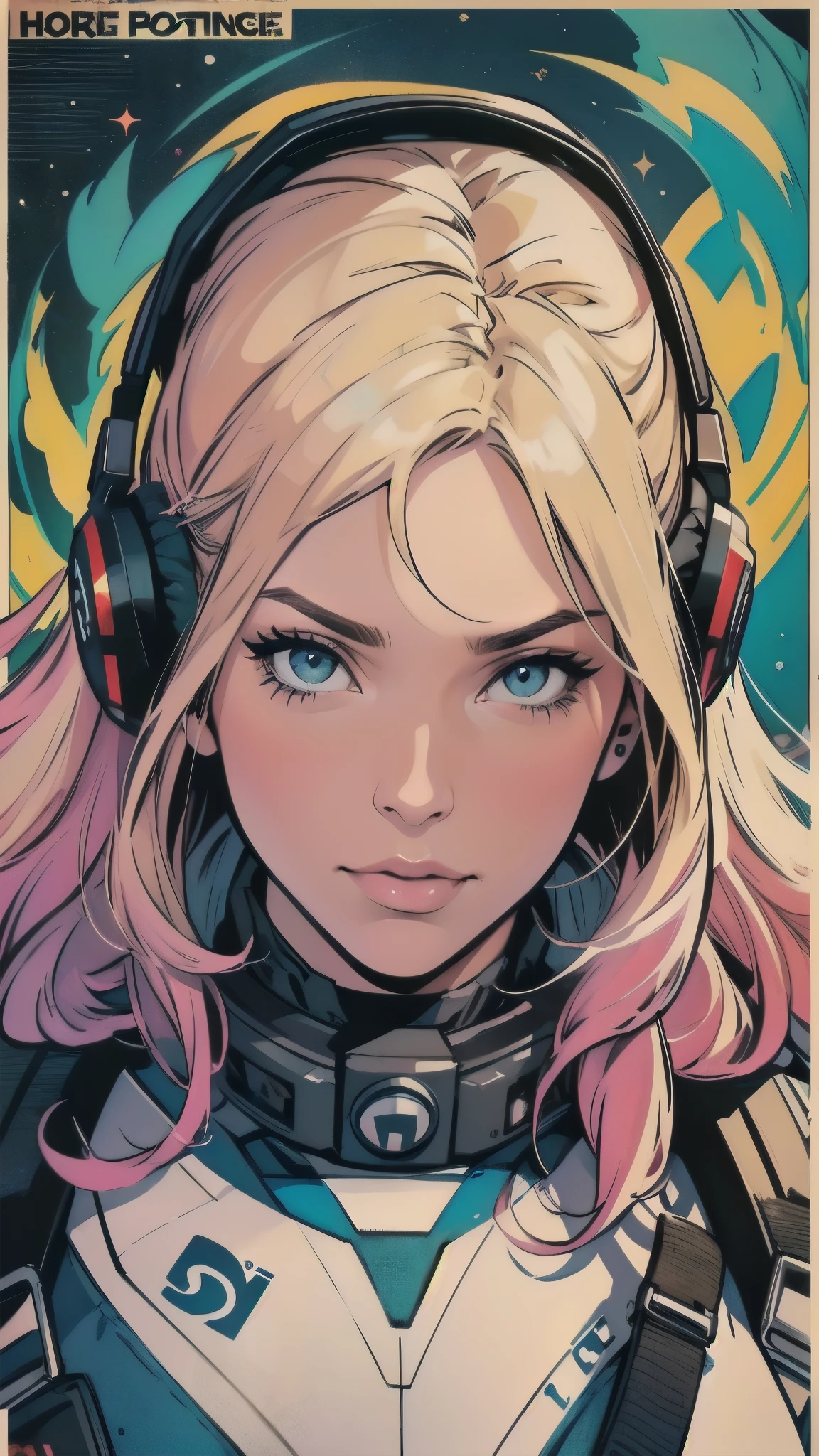 (((ultimate best quality))),((((solo:1.2)))),((((1girl:1.2)))),((((beautiful perfect woman)))),(((detailed perfect body, detailed perfect finger))),((((((ultimate spacethriller movie poster)))))),(((bust up, close up))),(((((American comics))))),(((extreme highlights))),(((Extremely colorful, primary colors))),cleavage, super beautiful lady,(((((typography))))),(((text))),(((((looking up or looking down))))),(((((speech bubble))))),,(((detailed unlimited complete equipment : headphone like a rail gun))),(((((Absolutely simple background))))),(((Texture for people : grunge))),(((((open mouth wide))))),(((((most complecated futristic machine))))),(Colorful color scheme),(((detailed unlimited complete equipment : headphone like a rail gun)))