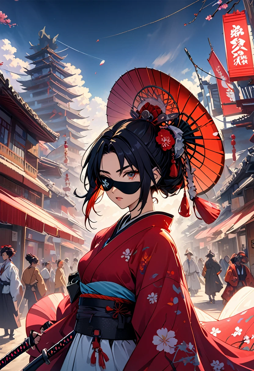 Ink painting, (((1 girl )), (((Tattoo in the middle of the forehead))), (((Oiran))), (((Great hair accessories))), Demon possession, ((Eye patch over:1.3)), (((Masterpiece、Highest image quality、Highest quality、Extremely detailed unit 8ｋWall paper))), ((Illustration of one girl、Upper body covered))、(((beautiful girl))),  Naruto ,Sasuke, Hinata ,Sakura the Nomad Robot, In the desert, Walking Street ,wearing a messy shawl, Employee contract, wearing a big metal hat, Rough, rusty, dusty body, thin frame, long, Cyberpunk, Cyborg., Surreal version of a woman holding a sword in her hand, very beautiful Cyberpunk samurai, anime Cyberpunk art, Cyberpunk samurai, Cyberpunk anime art, Cyberpunk anime, Complex CG 9, technical Cyberpunk anime art number, Maciej Kosciara&#39;s style.1girl, 1 boy,samurai armor, devil mask helmet, intricate motifs, details, Cool colors, melongic, Egyptian details, extremely intricate details, Stylish realistic lighting , Trends in the CGS Community, Glowing eyes, Facing the camera, neon details, surreal details, Full body pictures, Japanese atmosphere, Global lighting, Shadows, Embodiment of octane, 8 k, very sharp. Great Lolita.body repair, انمي Naruto