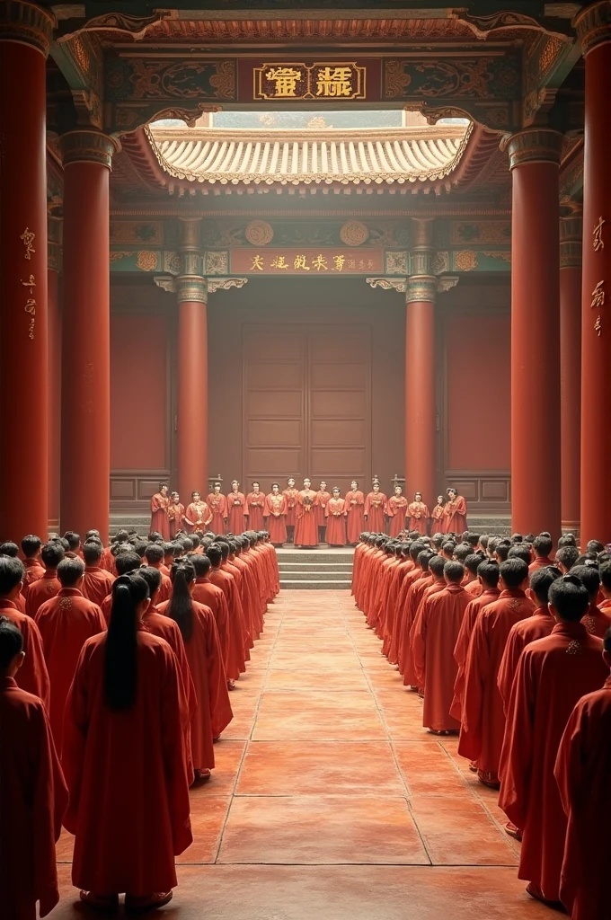 The ornate Imperial Court in the Forbidden City. scheme, signifying prosperity and power. Courtiers dressed in elegant Hanfu garments stand in orderly rows, awaiting the emperor's decree.The camera pans across the grand hall, capturing the opulence and splendor of the Imperial Court. The courtiers stand in silence, their heads bowed in respect. The emperor sits on his elevated throne, gazing down at the assembly.
