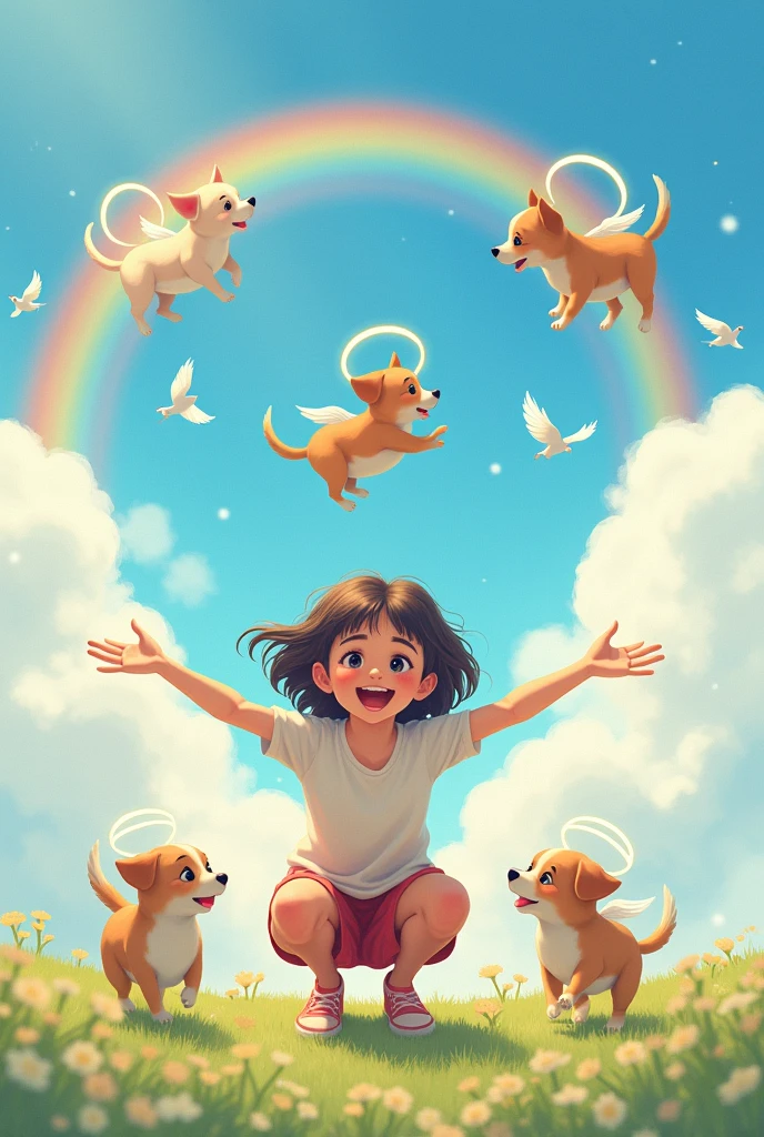 Give me a drawing.
The background have cloud, rainbow and birds
While in the middle there's a ager girl squatting down while opening her arms to welcome the 3 new alive small dogs running towards her while there's 3 dead angel dogs with round on top of the dog flying on her upper head