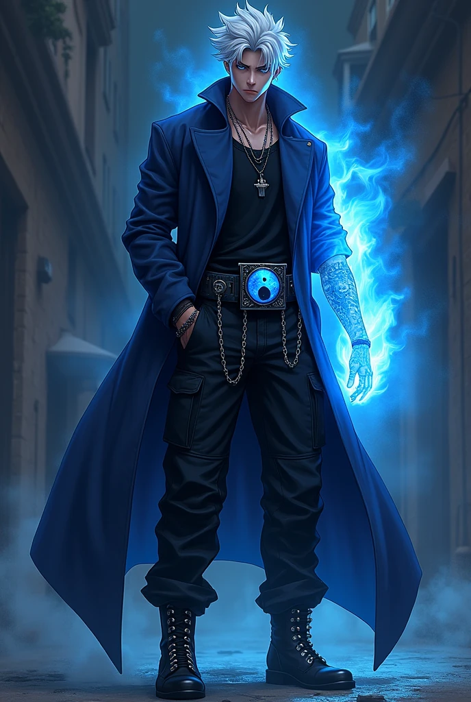 Male age 25, latin-greman, gray eyes, white hair, deep evil and cute eyes, smile, combined royal blue and black matrix gabardine open, soft black shirt, black cargo pants, only right arm on blue flames, cyberpunk japanese style, belt with a blue ying yang, chains around the belt, athletic, magic powers, action, cunning look, leather black boots with metal pins, black cat nails, jojo's pose, black hair, night background, uncovered head
