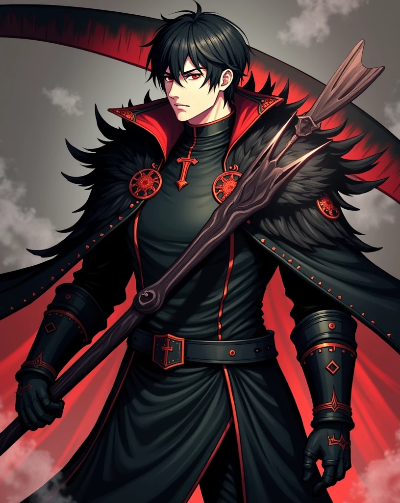 1male, short black hair, red eyes, black trench coat, black half plate armor, black feather cape, black and crimson greatscythe.