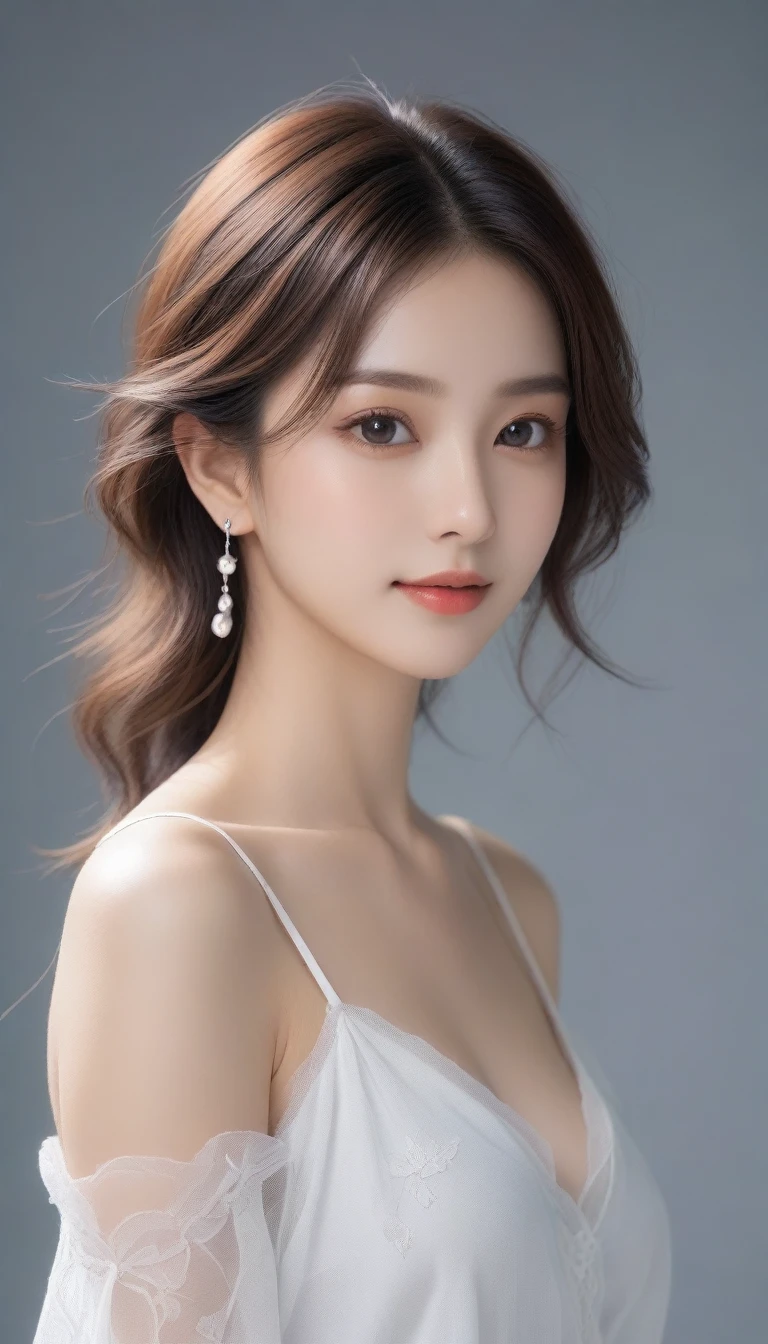 8k, ultra high resolution, best quality, masterpiece, Rule of thirds picturey,surreal, picture, 1 person, (:1.3), Pretty Woman, Cute face, Beautiful Eyes in Every Detail, 細かくdetailedに,masterpiece,, one girl:1.2, 日本のfemaleアナウンサー,best quality, 非常にdetailed, masterpiece, 1 person,female,(((完璧なfemaleの体))),very beautiful face, Very beautiful body,gentle expression, really beautiful eyes,(perfect makeup:1.1),fashion model,Curly hair,bushy hair,candy colored hair:1.3, very thin body,Smart Abs, chiffon blouse,friendly smile,upper body portrait,(white background), (glowing skin),(earring),,Looking at the audience、beauty,long neck、Smile a little、Please shut your mouth and smile、(((ideal body type))),A cup small breasts :2,whole body、complete anatomy、鮮明なdetailed、detailed、surreal、light and shadow,strong light