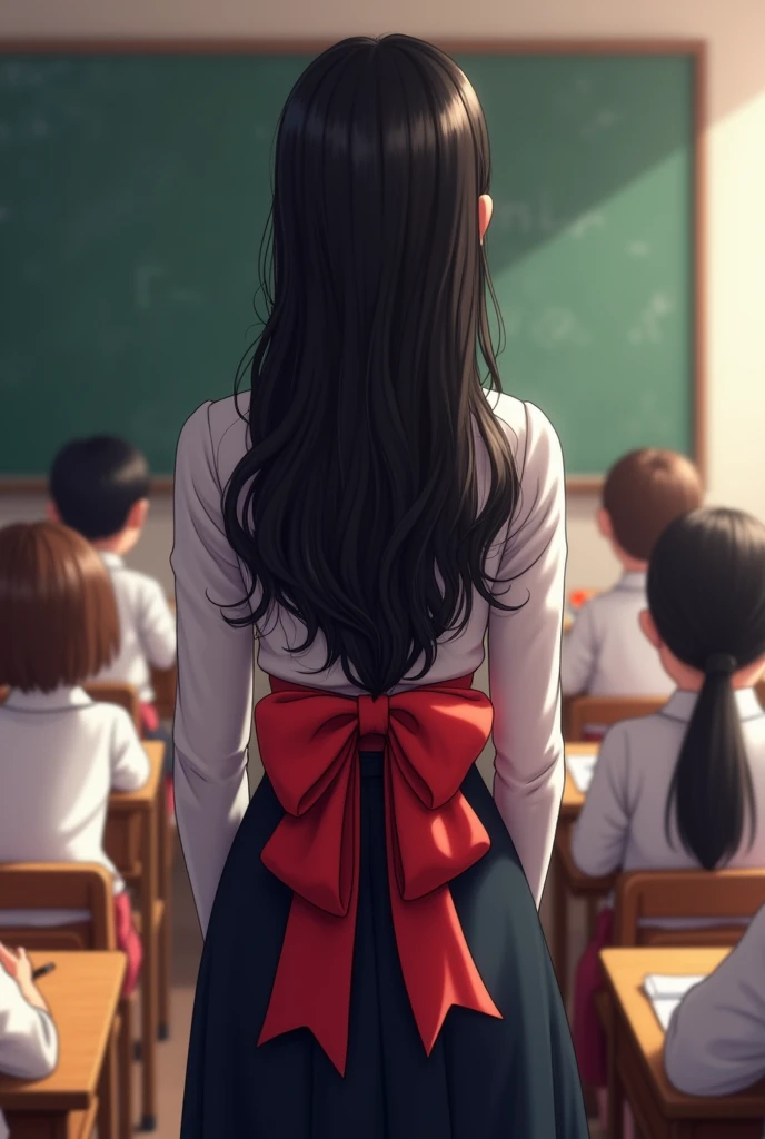 Teacher with long black hair with a large ribbon bow Coquette, The teacher has her back turned and is in the classroom, with the students.