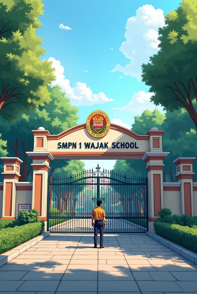 SMPN 1 WAJAK SCHOOL  WITH SINGN IN GATE with a security post