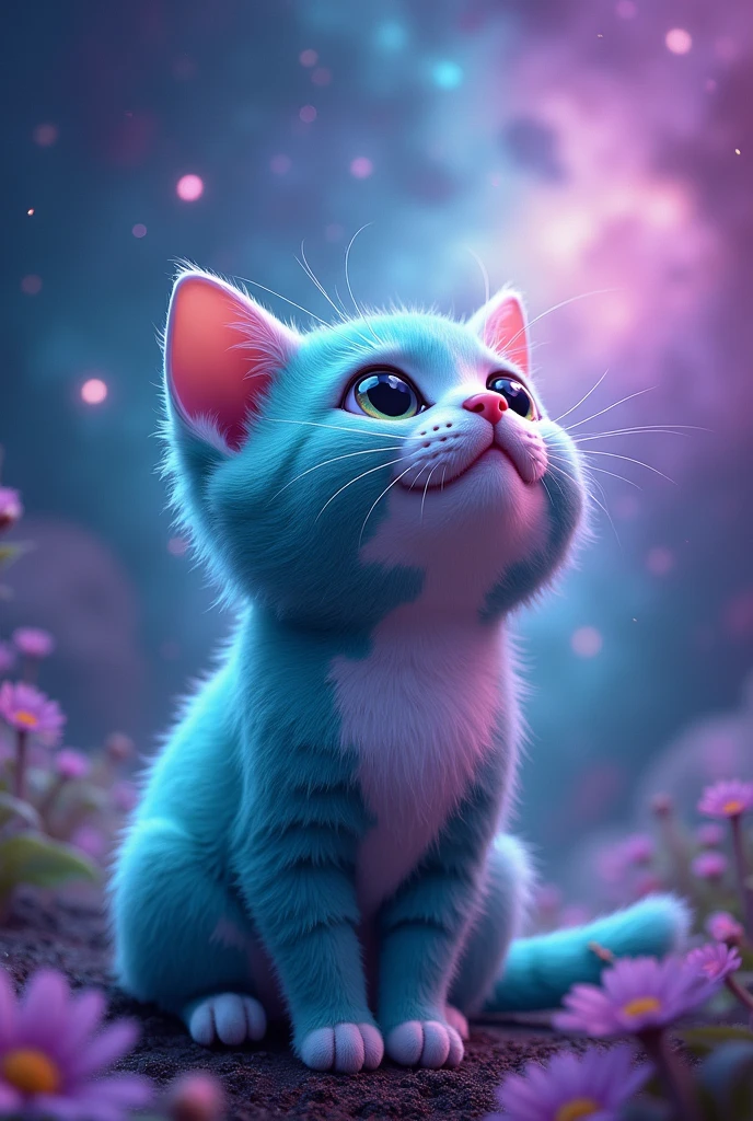 create a cute cat, It has turquoise and purple color, hyper realist, He&#39;s looking at the sky, he has a pink nose, the background is a turquoise galaxy with purple