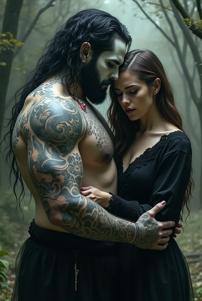 A brown haired woman behind a very handsome black haired man with heavy tattoos and looking like a ghost with blood