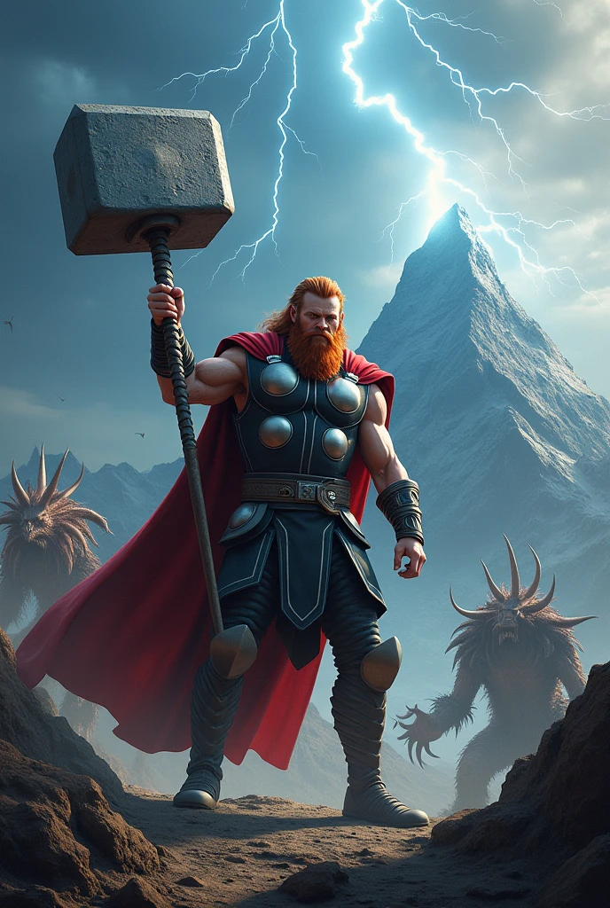 A man from norse mythology named thor with red hair and red beard with a hammer in his hand, thunder cracking and mountain at the background, surround by many giant creatures