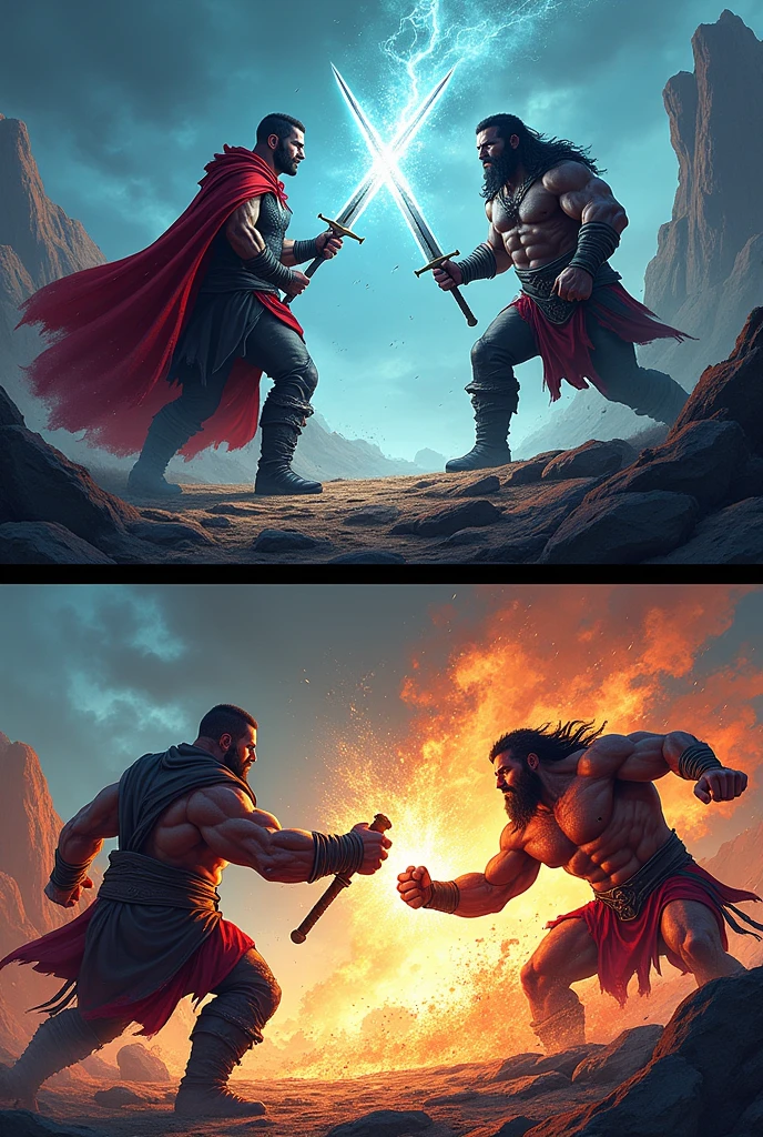Give me a panel of Mage with a sword Vs strength only fist was facing off before the fight but with dialogue and the next panel the fight was draw and both are getting scratched and slash