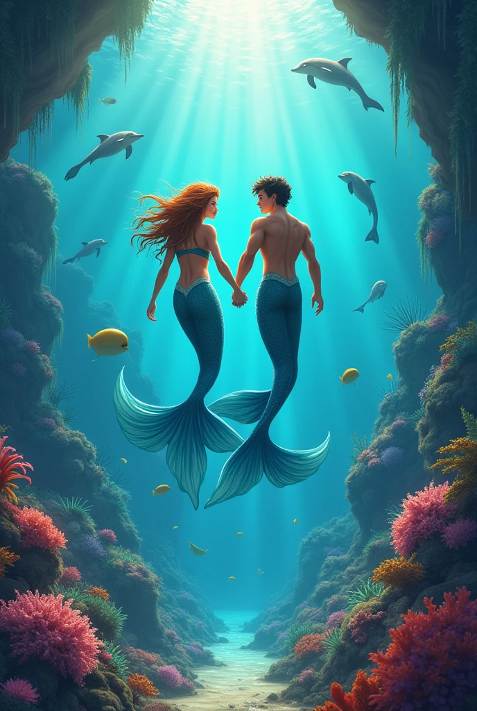 Scene 7: Leo and Lyra’s Life in the OceanPrompt: A vibrant underwater scene where Leo and Lyra, now both merfolk, explore the ocean together. They swim hand in hand through a beautiful coral reef, surrounded by colorful fish, sea turtles, and playful dolphins. The sunlight filters through the water, casting dappled patterns on the sea floor. In the distance, you can see a grand underwater cave, adorned with pearls and sea plants, which serves as their home. Their faces are filled with joy and love as they navigate their new world.
