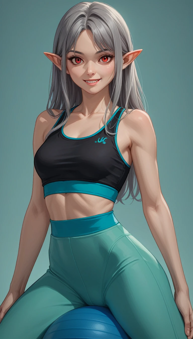 score_9, score_8_up, score_7_up, score_6_up, score_5_up, score_4_up, BREAK source_anime, source_anthro, rating_safe, [rating_explicit],

alice,vampire,grey hair, long hair, red eyes, pointy ears, small breasts,, best quality, photorealistic, yujiasuit, yoga sports bra, yoga pants, 1girl, solo, , yoga ball, pants, looking at viewer, smile, green sports bra, simple background, , midriff, long hair, breasts, green pants, sportswear, tank top, upper body,