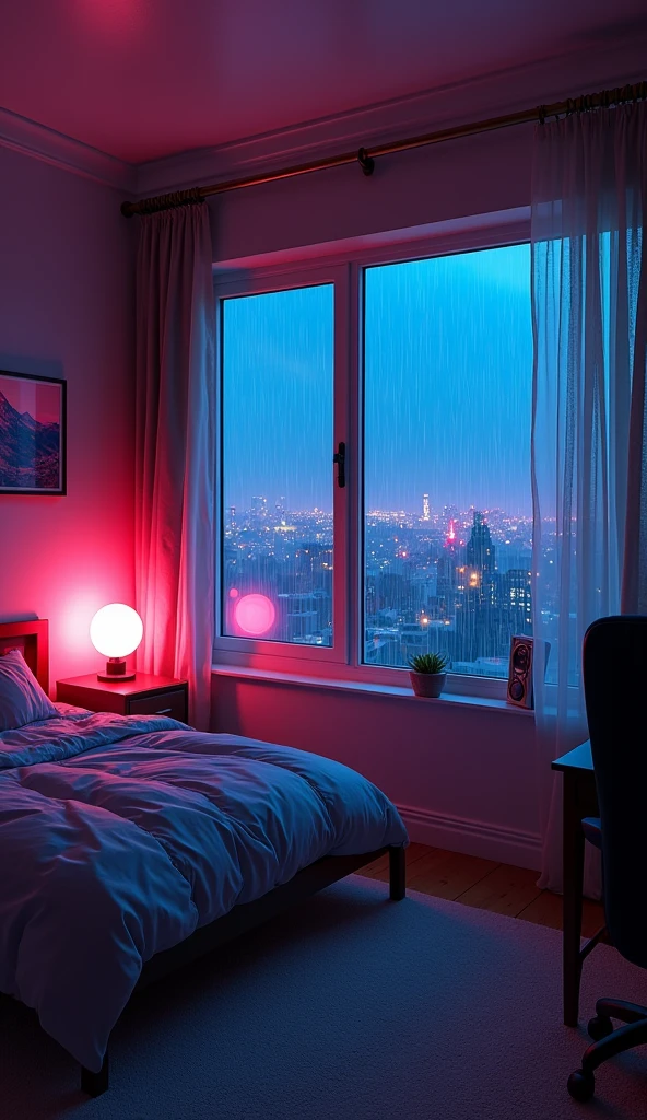A cozy bedroom with neon lights reflecting through the window. It's raining heavily outside, casting a soft glow over the city. A gaming setup sits in the corner with RGB lights pulsing to the beat of the rain. No human should be there.