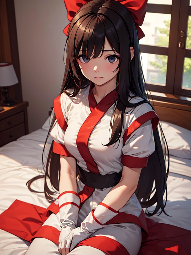 (​masterpiece、top-quality、hight resolution、Unity 8k、extremely details CG:1,Best Picture), ((red ribbon)), hair band, small breasts, fingerless gloves , short sleeves, hotel room, sit the bed, from front, 'You want to make me [masturbation material]? ...and how much can you afford?’