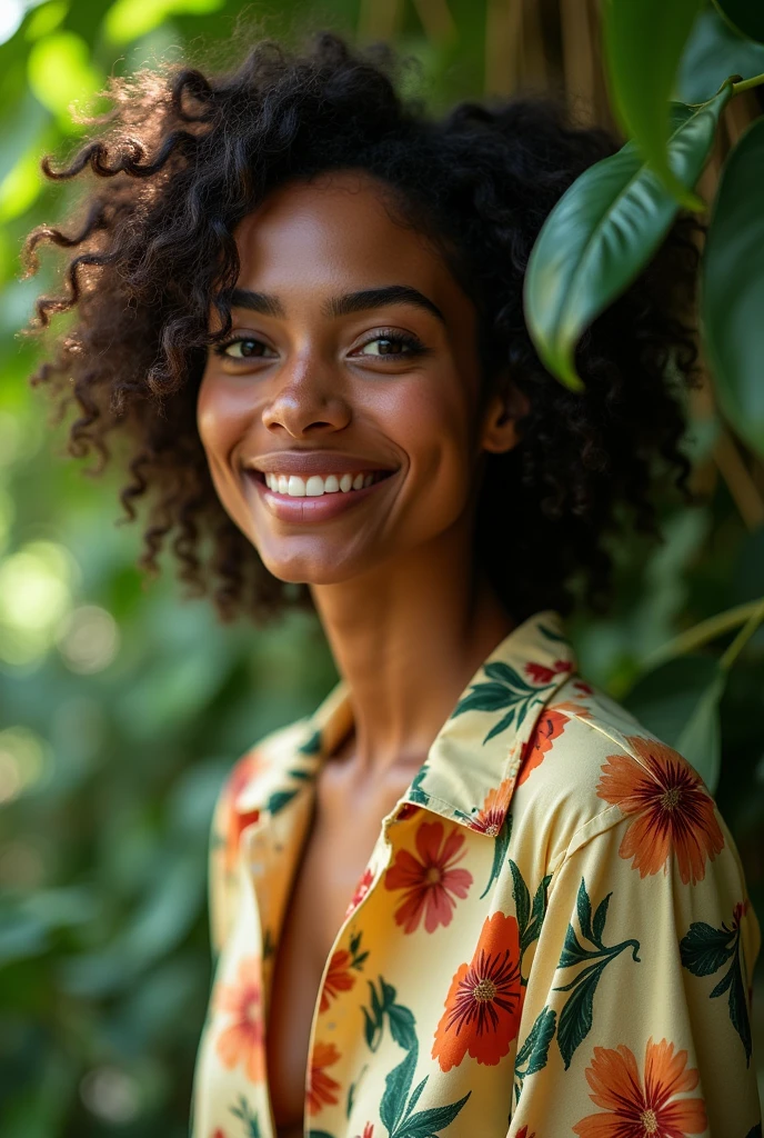 A Brazilian woman in a lush tropical garden, wearing an open shirt with a floral print, with a close-up capturing the harmonious beauty between her breasts and the natural flowers, showing off your natural charm and outgoing personality.