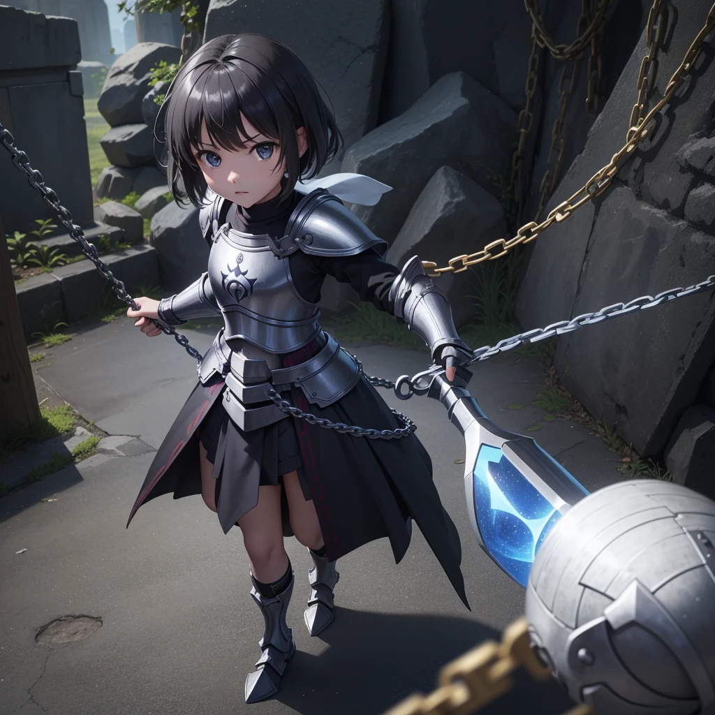 最high quality、high quality、Simple Cloth Armor、１０Year-old girl adventurer、Equipped with a weapon that has a short chain at the end of a stick and a spiked iron ball at the end of the chain、In a dark maze、White Armor