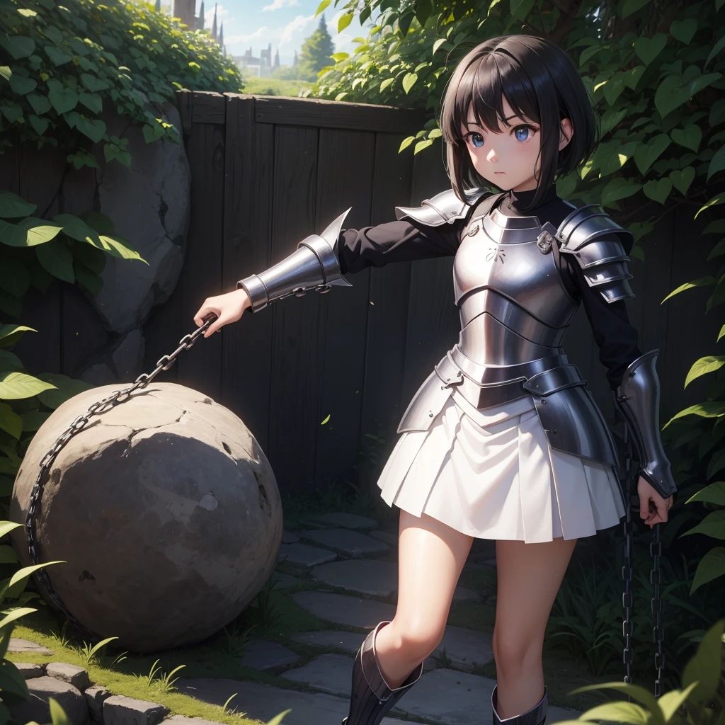 最high quality、high quality、Simple Cloth Armor、１０Year-old girl adventurer、Equipped with a weapon that has a short chain at the end of a stick and a spiked iron ball at the end of the chain、In a dark maze、White Armor