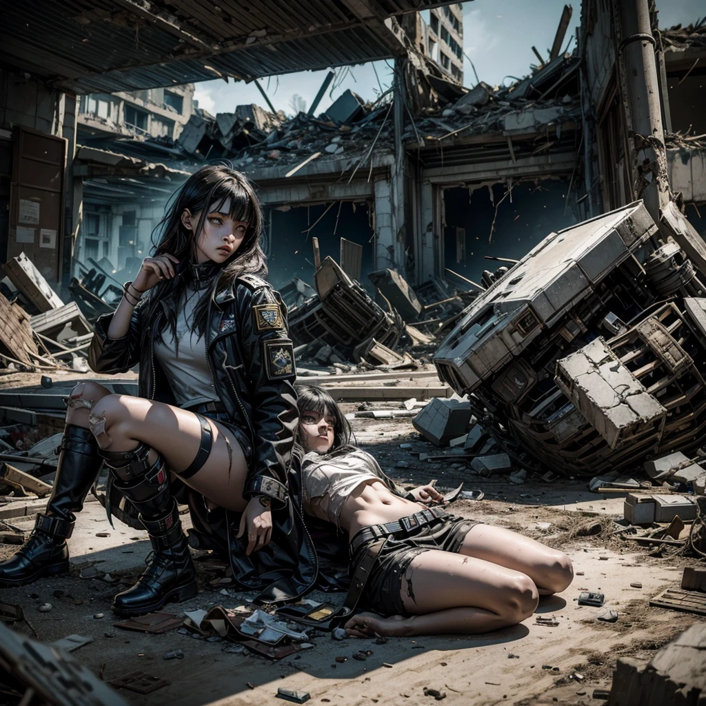 a young undead woman in a damaged and torn uniform wanders among the rubble of a battlefield, pieces of futuristic technological means are visible on the ground and some fallen soldiers can be glimpsed