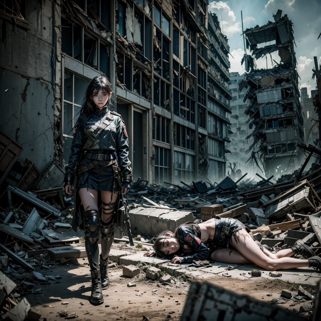 a young undead woman in a damaged and torn uniform wanders among the rubble of a battlefield, pieces of futuristic technological means are visible on the ground and some fallen soldiers can be glimpsed