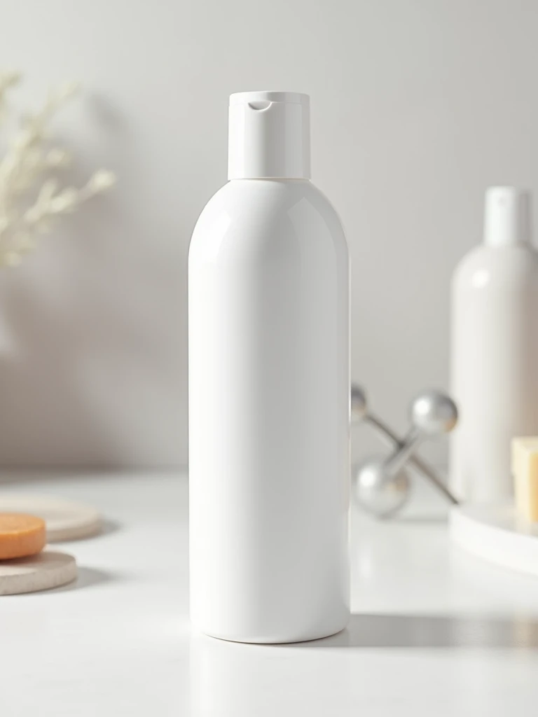 white cylindrical container with a semi-transparent white screw-on cylindrical lid for shampoo, background with some minimalist personal hygiene elements for mockup, detailed image, better lighting