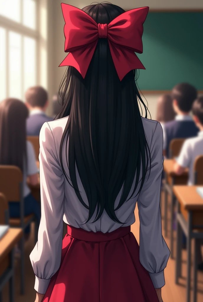 Teacher with long black hair with a large ribbon bow Coquette, The teacher has her back turned and is in the classroom, with the students.