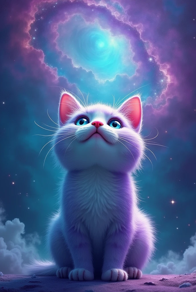 create a cute cat, It has turquoise and purple color, hiper realisitic, He&#39;s looking at the sky, he has a pink nose, realisitic, super realisitic, the background is a turquoise galaxy with purple