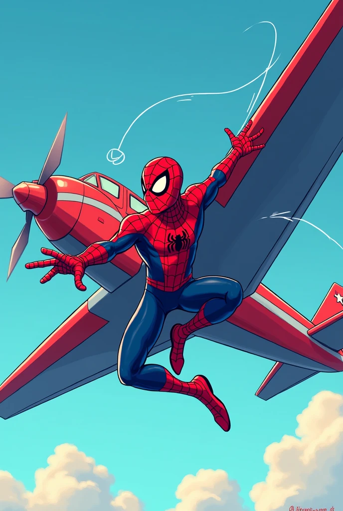 Cartoon spiderman using webshooter with red and blue plane background