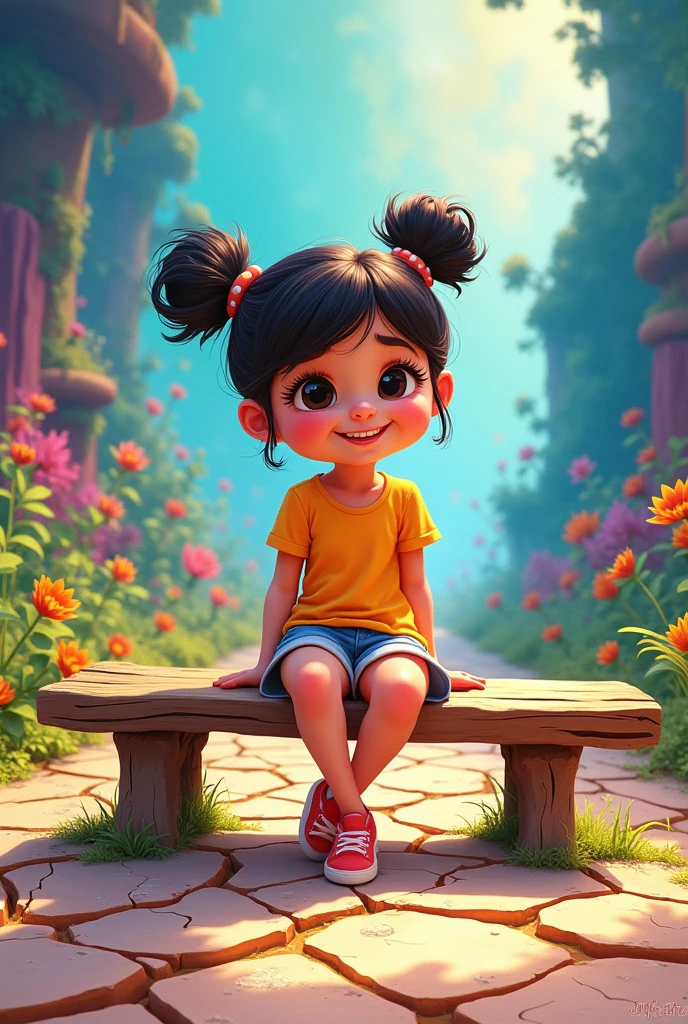 Cute cartoon girl sitting on a bench around a lot of cracks, Beautiful, bright colors, Picture