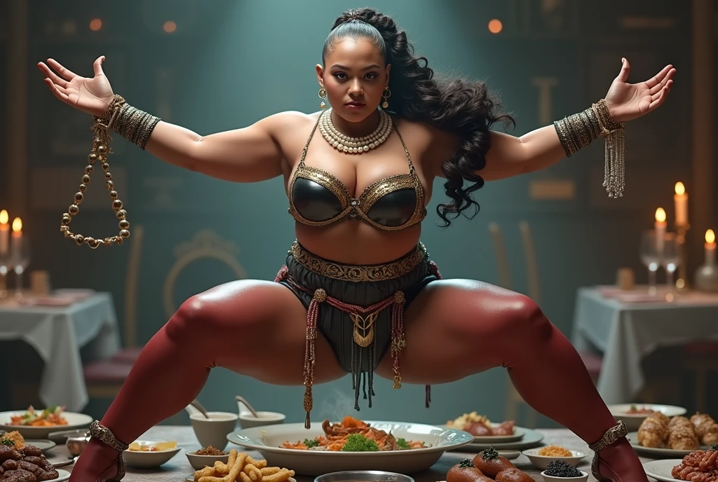 Iron Chef: Quest for an Iron Legend,hair pigtail,Slightly fat, super plump, Very plump, pearls necklace, Ring in the nose, 耳Nipple Ring, Anklets, Thick lips, black-skinned, Crystal heels, leather whip, bald head smooth, The expression is pompous, Heart-shaped bra, red colour, Pink clothes, Tight clothing or pajamas, Pajamas made of silk, (full body1:1), Slightly fat, Intricate court costumes, Gorgeous European court costumes in black and white, posing elegantly, bald head smooth, (((((bald))))), braided ponytail, eyepatch, mole under eye, makeup, seductive smile, chiaroscuro, close-up, cowboy shot, masterpiece, ccurate, high details, high quality, highres, anatomically correct, ccurate,the back ground is in a fancy restaurant, surrounded by food, food everywhere, table full of food in foreground,