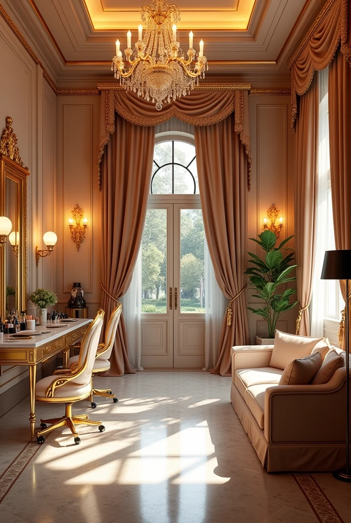 Beautiful home with so many lights and beautiful very big room having big makeup room and dresses and having lots of makeup material and chairs beauty parlour 
