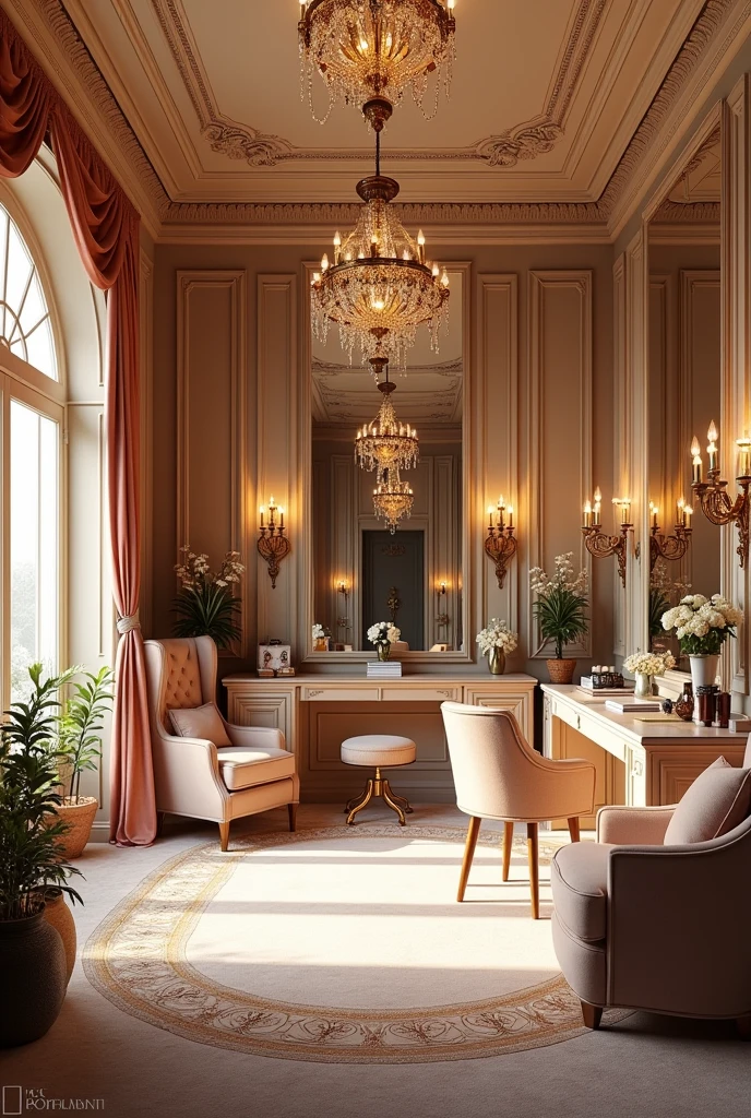 Beautiful home with so many lights and beautiful very big room having big makeup room and dresses and having lots of makeup material and chairs beauty parlour
