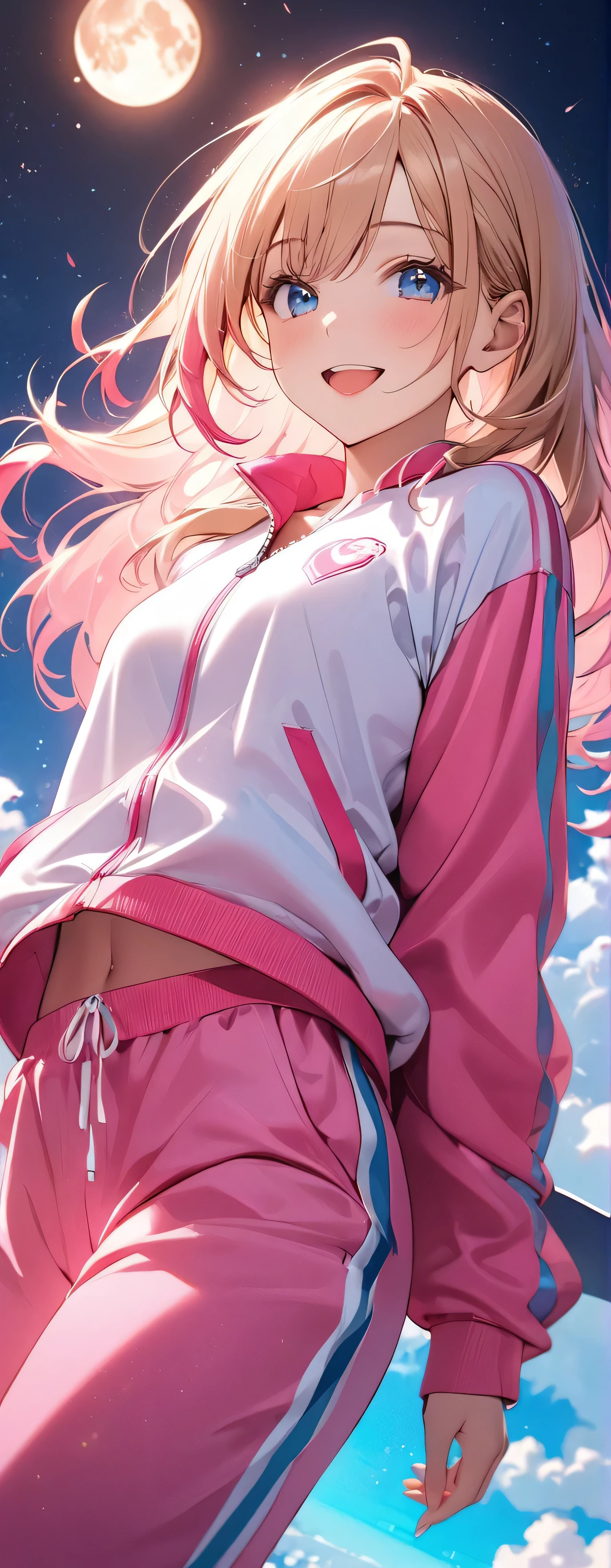 (beautiful girl: 1.3),1girl,masterpiece, Highest quality, Ultra-high resolution,Rich contrast,super high quality,8k,Highly detailed CG unit wallpaper,texture,Unbelievably absurd,Ultra-high resolution,RAW Photos,Depth of Field 1.2,(Pink sweatpants:1.3),(The jacket is a pink track jacket: 1.3),happy,Light blue eyes,Very fine eye,bigeyes,Droopy eyes,White skin,blonde,moon between the clouds,stardust,moon-viewing dumplings,mystic glow,phantom moon,(from behind:1.8), (Gazing-into-the-Distance:1.3),(Looking Up 1.3),Window