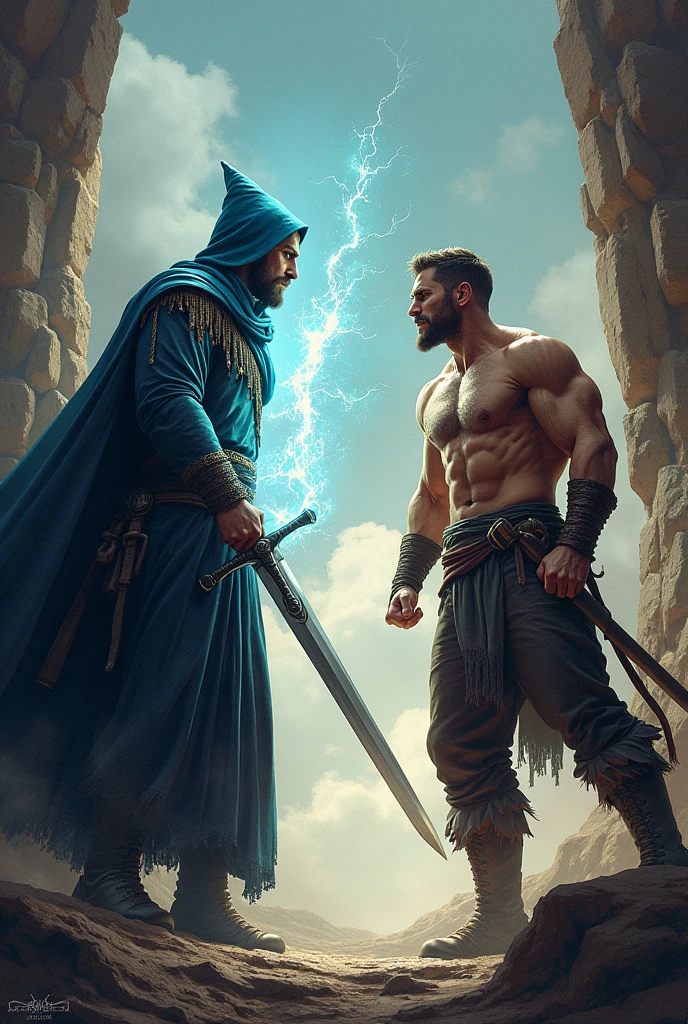 Give me a panel of Mage with a sword Vs strength only fist was facing off before the fight but with dialogue and the next panel the fight was draw and both are getting scratched on face