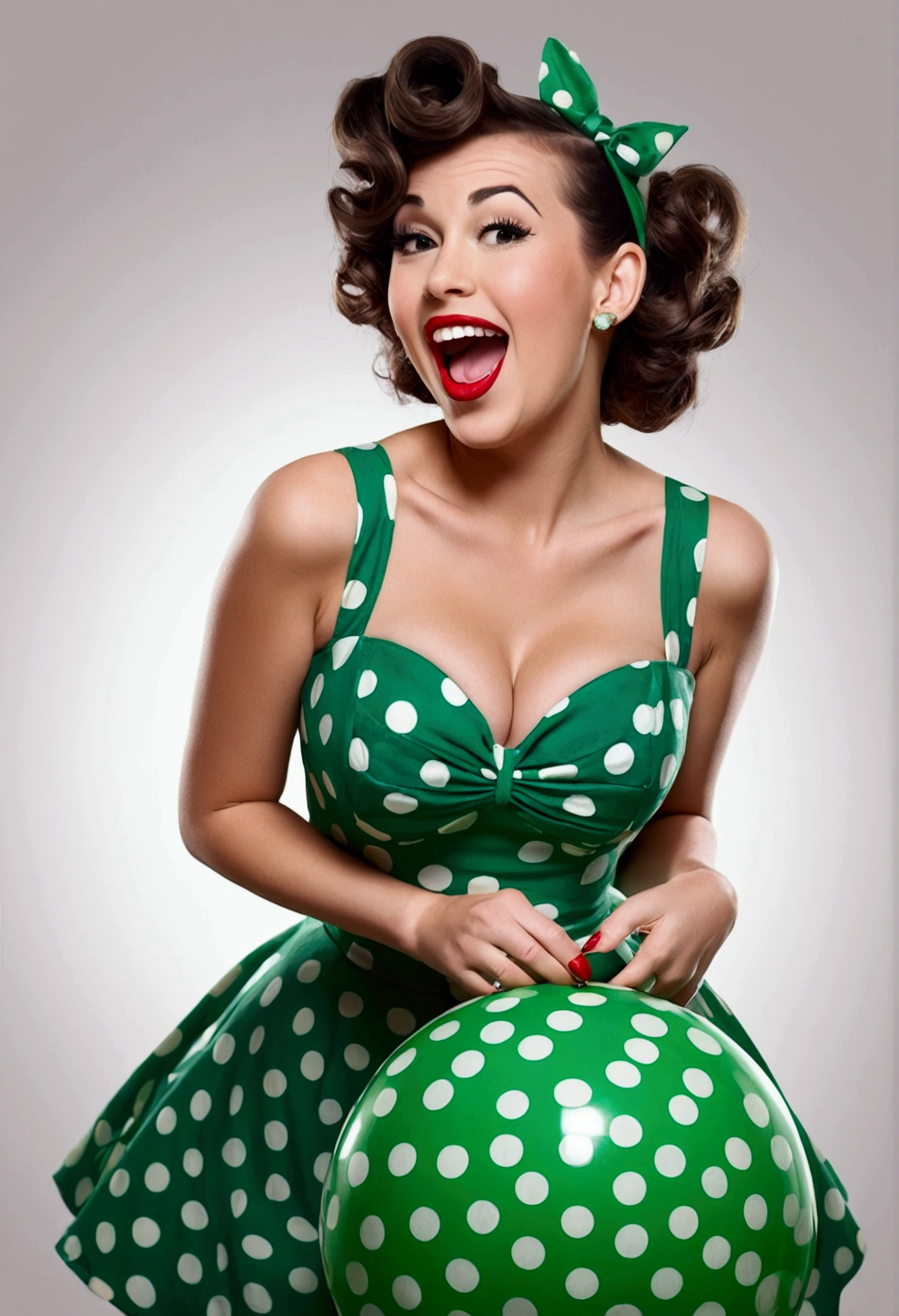 sexy pin-up, american, playful smilling young attractive girl in a green dress with large polka dots, open mouth, wondering pose holding two big balls in hands, pin-up hairstyle, medium breasts, juicy lips, full body, professional photo, Photorealistic, White background