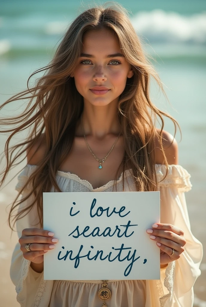 Beautiful girl with wavy long hair, bohemian dress, holding a white board with text "I Love Seaart Infinity" and showing it to the viewer