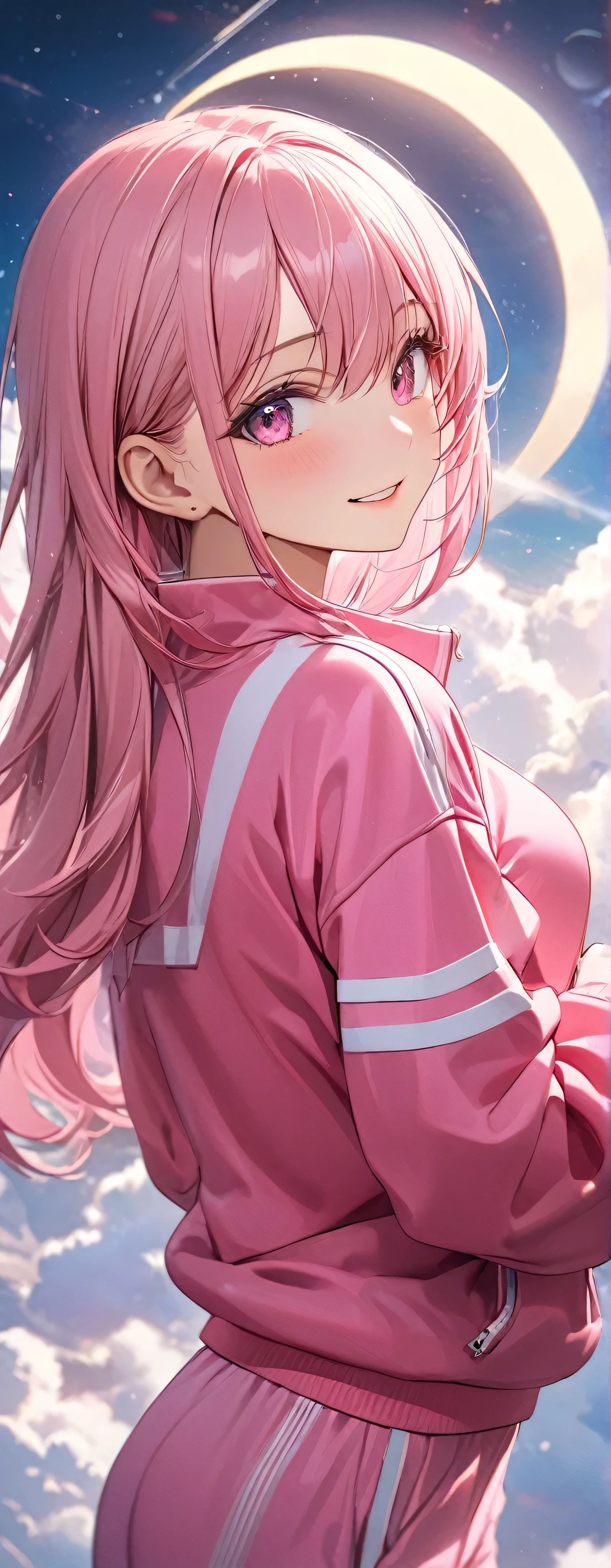 (beautiful girl: 1.3),1girl,masterpiece, Highest quality, Ultra-high resolution,Rich contrast,super high quality,8k,Highly detailed CG unit wallpaper,texture,Unbelievably absurd,Ultra-high resolution,RAW Photos,Depth of Field 1.2,(Pink sweatpants:1.3),(The jacket is a pink track jacket: 1.3),happy,Very fine eye,bigeyes,Droopy eyes,Natural Makeup,Fifteen nights,Veranda,moon between the clouds,stardust,moon-viewing dumplings,mystic glow,phantom moon,Sitting upright on a cushion,(from behind:1.8), (Gazing-into-the-Distance:1.3)