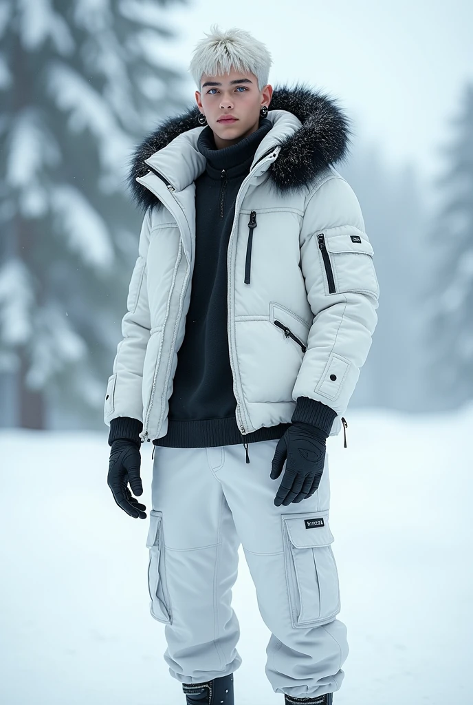 alone, male, standing, white winter jacket, white cargo pants, Black fur around hood, white hair, black earrings, blue eyes, 18, fit, best quality