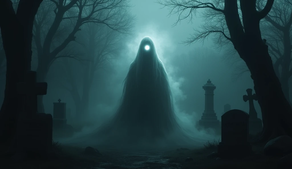 Create for me a horror photo of a , with completely white eyes, in a spooky, dark graveyard, on a foggy night