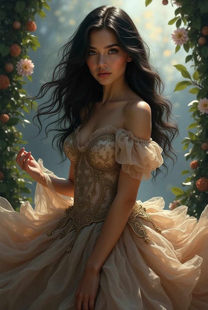 hot girl in fairytale dress,dark hair,sexy look