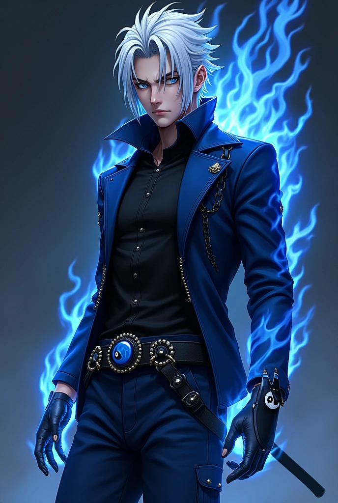 Male age 25, latin-greman, gray eyes, white hair, deep evil and cute eyes, smile, middle royal blue and black matrix gabardine open, soft black shirt, black cargo pants, only right arm on blue flames, cyberpunk japanese style, belt with a blue ying yang, chains around the belt, athletic, magic powers, action, cunning look, leather black boots with metal pins, black cat nails, jojo's pose, night background, uncovered head