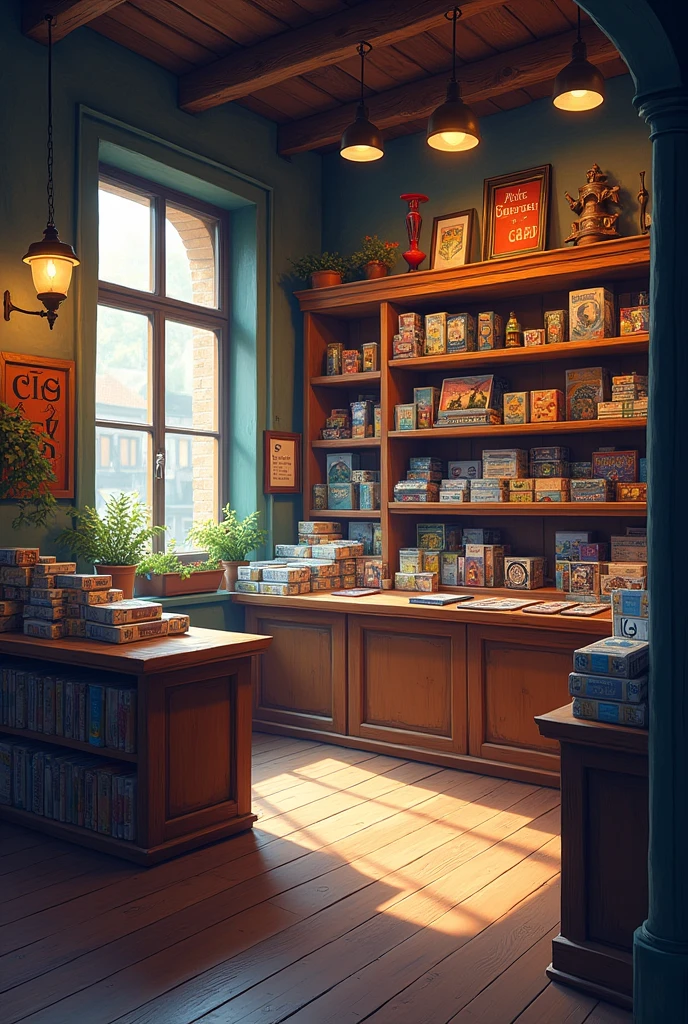 Create an image of small card game shop, realistic