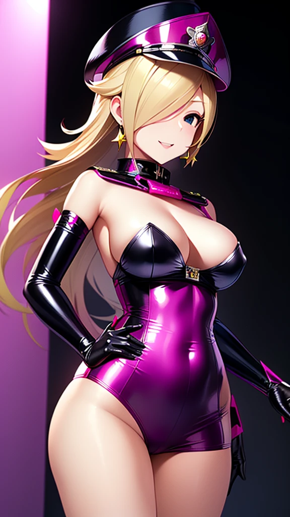 tall、Rosalina、Blonde、 adult、Married Woman、Shiny latex police uniform、Officer hat、邪evilな警官、Pink and black background, evil, lure, excited, A condescending grin, Lightly open your mouth、Sexy pose