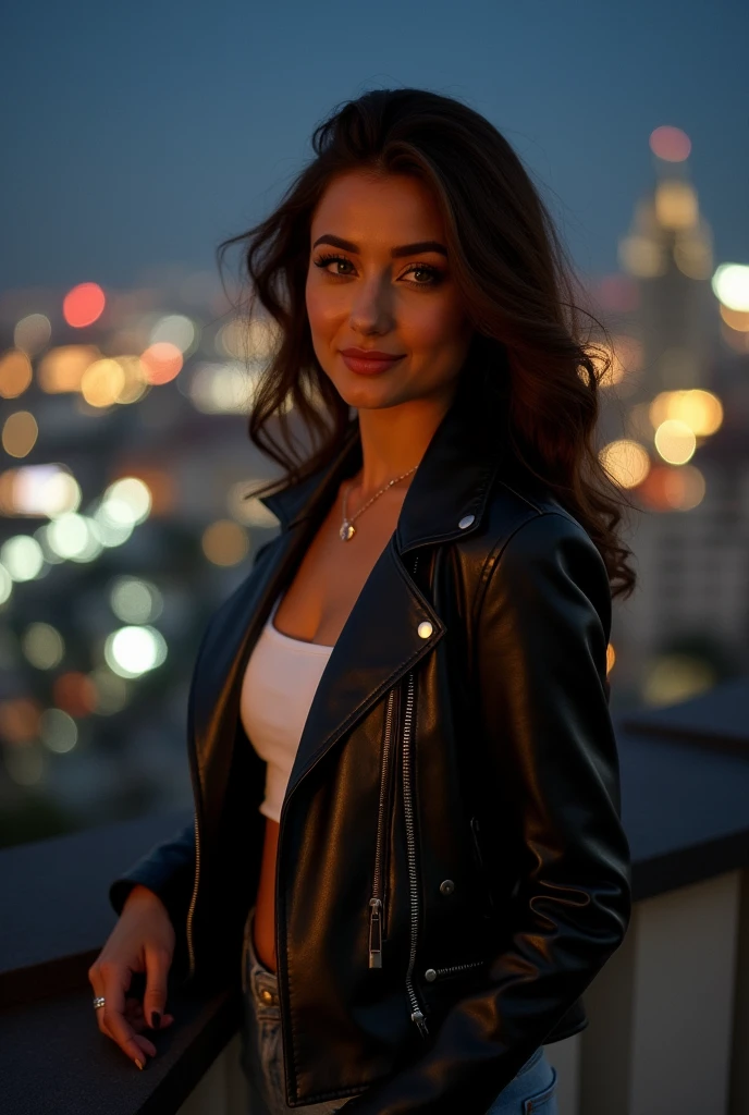 Arafed Femme porte une veste en cuir noire légèrement ouverte sur un top blanc ajusté, accompagnée d'un jean slim foncé et de bottines à talons. Ses cheveux bruns ondulent légèrement sous la brise nocturne, et ses yeux verts perçants brillent sous les lumières de la ville. Le selfie la montre debout sur un toit-terrasse, avec la skyline d'une ville illuminée en arrière-plan. Elle arbore un maquillage naturel et discret, le dos tourné regardant le paysage. Son attitude confiante et son sourire en coin ajoutent une touche de mystère et de sensualité, tandis que la lueur des néons reflète subtilement sur son visage. Une femme moderne et élégante, rayonnant dans la nuit urbaine.