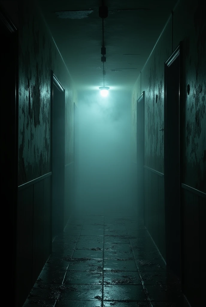 An uncanny hallway with a backroom style, with a fog in the end of the hallway high quality and realistic lightning