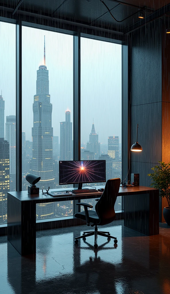 A spacious loft with industrial design, overlooking a futuristic city. It's raining heavily outside, and the rain bounces off the steel structures. The gaming setup is sleek and minimal, with a panoramic view of the city skyline.