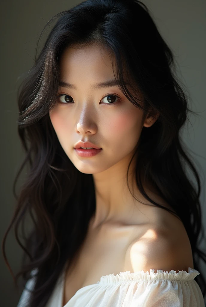 mid distance shot of an extremely beautiful asian woman, fair skin, black hair with tousled waves, bright light, looking at viewer, solid background color