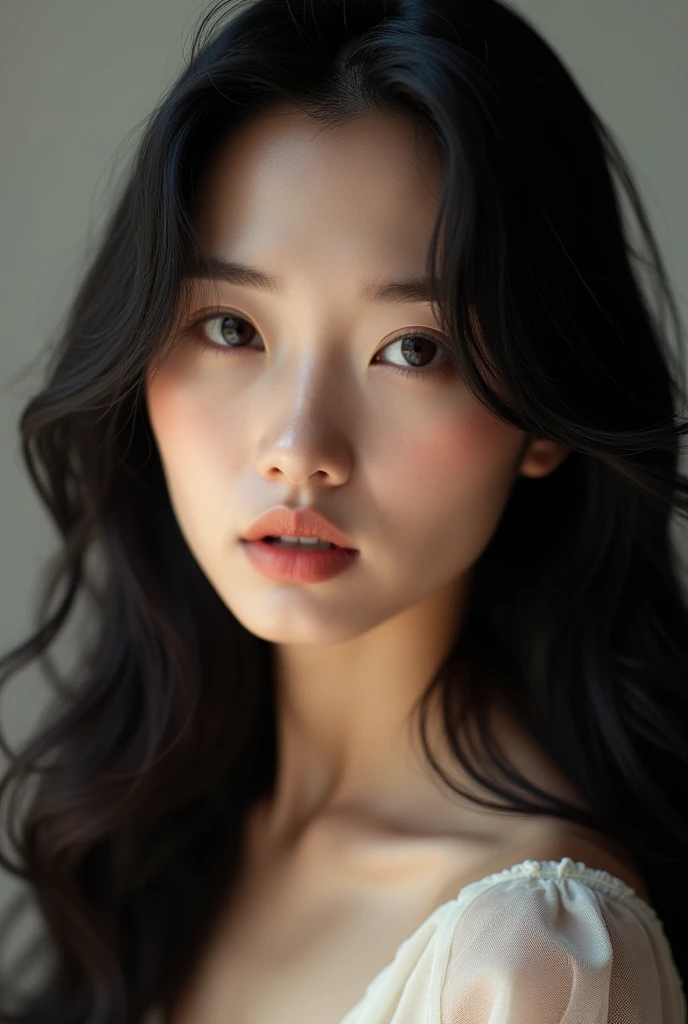 mid distance shot of an extremely beautiful asian woman, fair skin, black hair with tousled waves, bright light, looking at viewer, solid background color