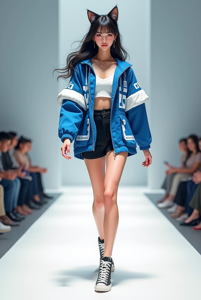 Tạo cho tôi ảnh toàn thân của 1 cô gái, cô ấy mặc trang phục nữ tính, trẻ trung, màu xanh dương phối màu trắng và đen, trên trang phục có dòng chữ tiếng việt nam " Nha Dat 369 " , khuôn mặt của cô ấy là khuôn mặt chú mèo dễ thương, cô ấy đang catwalk
