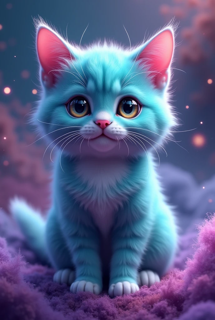 create a cute cat, It has turquoise and purple color, hiper realisitic, He's looking forward, he has a pink nose, realisitic, super realisitic, the background is a turquoise galaxy with purple